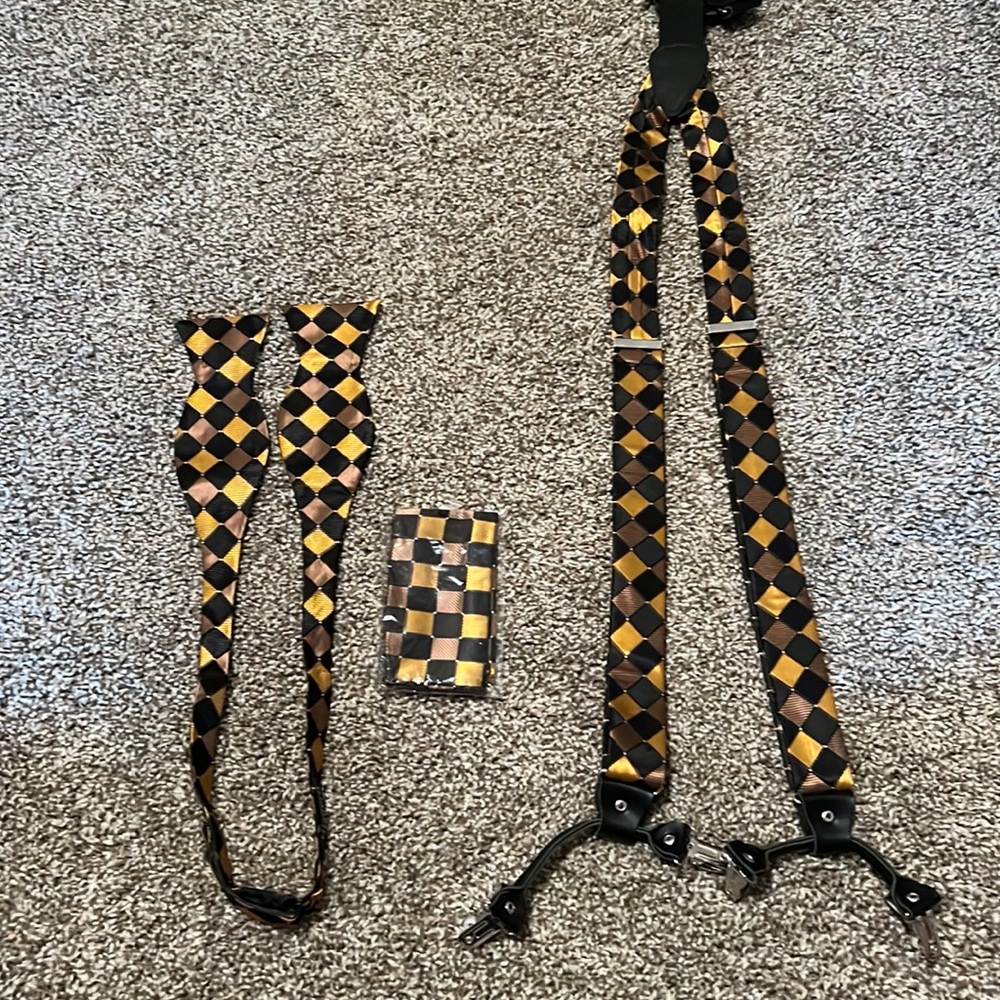 Bow tie handkerchief and suspenders